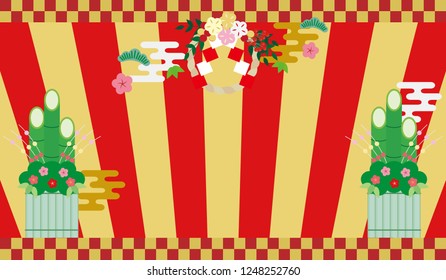 celebration images of shimekazari and kadomatsu, red and gold vertical striped background.