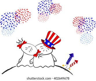 Celebration of Independence Day. 4th of July. Vector Boy and Girl in Love watching Fireworks.