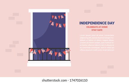 Celebration of independence day of America at home . 4th of July celebration. decorated house with usa flags with open window
