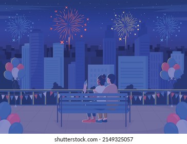 Celebration of Independence day in evening flat color vector illustration. Couple enjoying fireworks in city. July fourth holiday 2D simple cartoon characters with cityscape on background