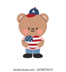 Celebration Independence Day, teddy bear hug heart made from flag of united states. Flat cartoon style vector illustration isolated on white background