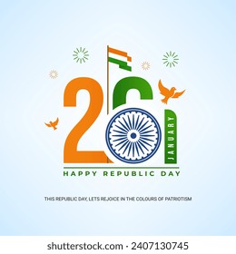 Celebration of Indian republic Day tricolor with flying pigeon and chakra 26 January