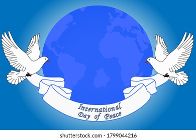 Celebration of the international day of peace, blue background with the earth in the center and two doves on each side, holding a ribbon that has the phrase, international day of peace written on it