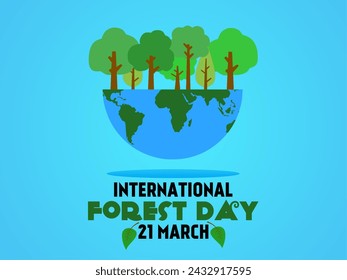 Celebration of International Forest Day on March 21. Flat design vector illustration of a half world map with trees on it on a light blue background