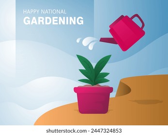 Celebration of international gardening day with sufficient text space, illustration of tree seeds being watered.