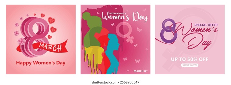 Celebration of International Women's Day with empowerment and activism for women's rights. Women's Day concept. Set flat vector illustration.