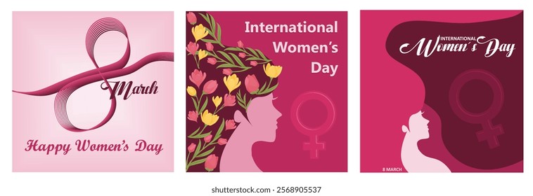 Celebration of International Women's Day. Silhouette of a woman with flower and female symbols. Women's rights activism. Women's Day concept. Set flat vector illustration.