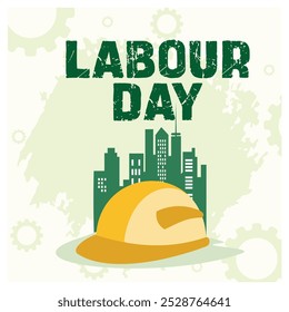 Celebration of International Workers' Day. Safety helmet in front of building silhouette. Labor Day concept. Flat vector illustration.