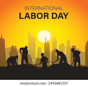 Celebration International Workers Day with sunset background. Happy Labor Day background with silhouette of workers.