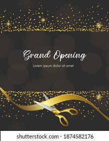 Celebration or invitation card with golden box shape and golden scissor cutting the curving gold ribbon with sparkling confetti. Grand opening concept. Vector illustration template