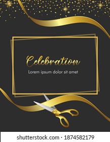 Celebration or invitation card with golden box shape and golden scissor cutting the curving gold ribbon with sparkling confetti. Grand opening concept. Vector illustration template