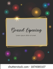 Celebration or invitation card with golden box shape and sparkling fire works. Grand opening concept. Vector illustration template