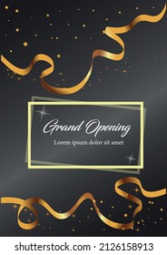 Celebration invitation card with golden curving golden ribbon and sparkling star. Grand opening concept. Vector illustration template.