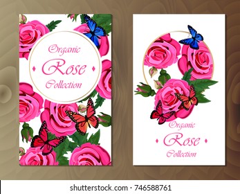celebration or invitation postcard with roses and butterflies. floral collection. wedding or valentine card design