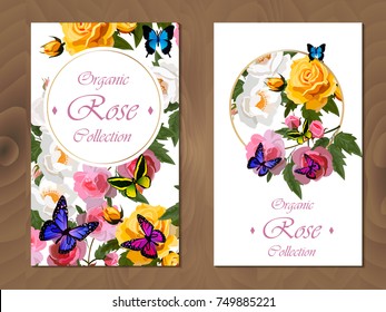 celebration or invitation postcard with roses and butterflies. floral collection. wedding or valentine card design