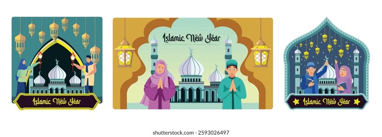 Celebration the Islamic New Year.Boys and girls say New Year greetings.Children brings lanterns and the Koran. Happy New Hijri Year concept. Set flat vector illustration.