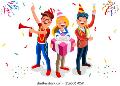 Celebration, Job Event For Adult. Gift And Indoor Characters, Concept Of Birthday. Male Invitation, Social Theme For Man. Surprise By Office Colleague Team. Flat Isometric Vector Illustration.