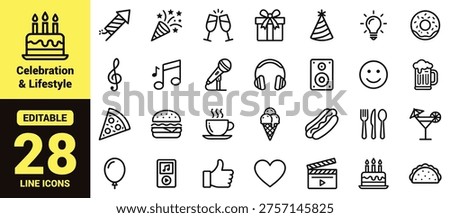 Celebration and lifestyle icon set featuring party elements, food, drinks, music, entertainment, communication, and social concepts in modern line‑art vector style for events and digital design