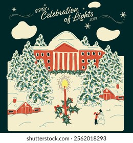 Celebration of Light with a beautiful house and Christmas snowy trees and t shirt design, snow based illustration with red houses and peoples.  