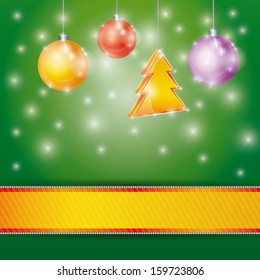 Celebration light vector background with ribbon Christmas tree and  balls. Vector