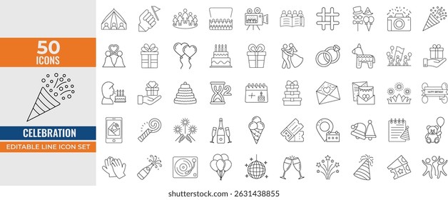 Celebration Line Icon Set – Editable Stroke Vector Illustrations of Party, Birthday, New Year, Dancing, Fireworks, Cheers, Gifts, Invitations, and Wedding Symbols