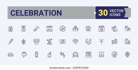 Celebration line icons set. Includes icons for hippie, party, celebration, entertainment, decoration, festival, firework, food. Outline icon. Editable stroke.