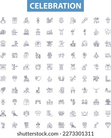 Celebration line icons, signs set. Festivity, Jubilee, Rejoicing, merrymaking, Commemoration, Jubilation, Gaiety, Bounce, Celebrating outline vector illustrations.