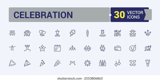 Celebration line web icon set. Includes thin line celebrate, star, decoration, birthday, firework, event and more. Minimal linear icons. 