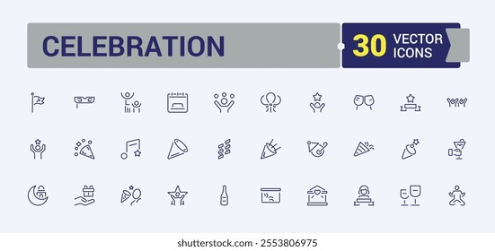 Celebration line web icon set. Includes thin line celebrate, star, decoration, birthday, firework, event and more. Minimal linear icons. 