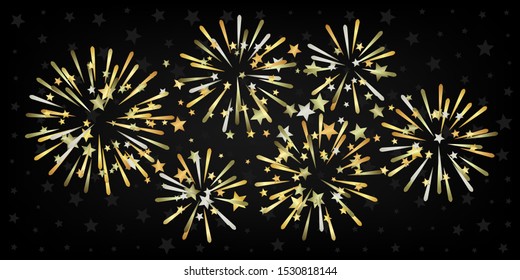 Celebration luxury abstract black background with golden firework decoration elements and dark stars texture.