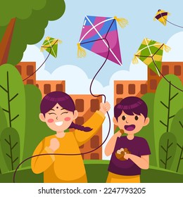 Celebration of Makar Sankranti with Kids Playing Kite