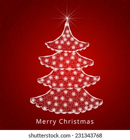 Celebration of Merry Christmas with lights decorated stylish X-mas tree on seamless red background.