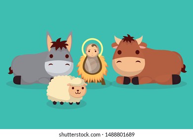celebration merry christmas manger baby in crib and animals vector illustration