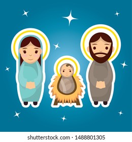 celebration merry christmas manger cute sacred family cartoon vector illustration