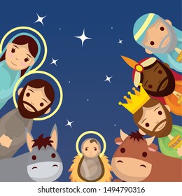 celebration merry christmas manger cute joseph mary baby animals and magicians kings vector illustration