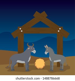 celebration merry christmas manger hut and donkey ox desert vector illustration