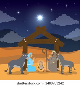 celebration merry christmas manger joseph mary jesus and animals night landscape vector illustration