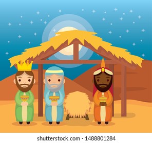 celebration merry christmas manger magicians kings crib night desert vector illustration