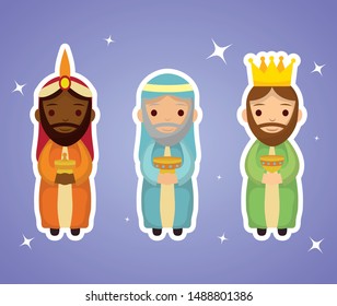 celebration merry christmas manger magicians kings with presents vector illustration