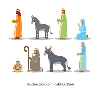 celebration merry christmas manger magicians kings family donkey ox vector illustration