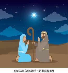 celebration merry christmas manger mary and joseph praying in the desert night vector illustration