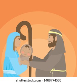 celebration merry christmas manger - mary carrying baby jesus and joseph vector illustration
