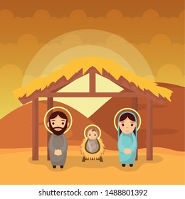 celebration merry christmas manger mary baby jospeh vector illustration