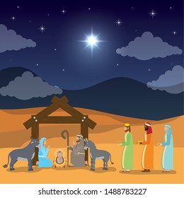 celebration merry christmas manger sacred family and magicians kings vector illustration