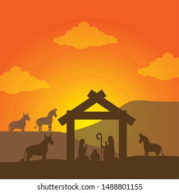 celebration merry christmas manger sacred family in the desert with animals vector illustration