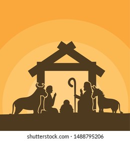 celebration merry christmas manger silhouette joseph mary baby donkey ox vector illustration