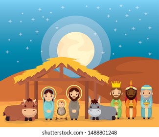 celebration merry christmas manger stable family magicians kings and animals vector illustration