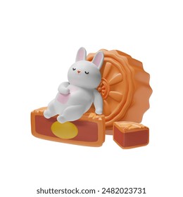 Celebration of the mid-autumn holiday. 3D vector illustration of a sleeping white rabbit stuffed with a large moon cake with a filling and a traditional pattern