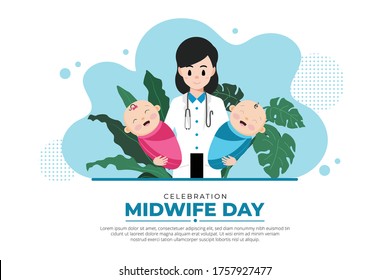 Celebration Midwife Day Background. Midwife Day Design With Baby Boy And Girl.