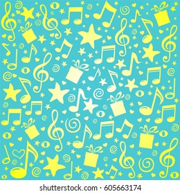 Celebration mint background.  Pattern wallpaper of musical notes, gift box, stars. Vector Illustration